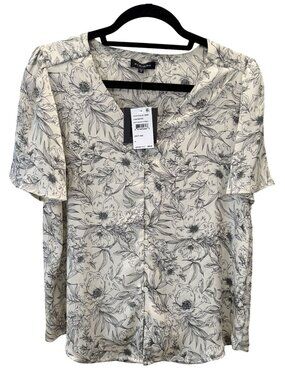Pleione Womens Ivory Black Floral Print Button-Front Blouse Medium  Office NWT